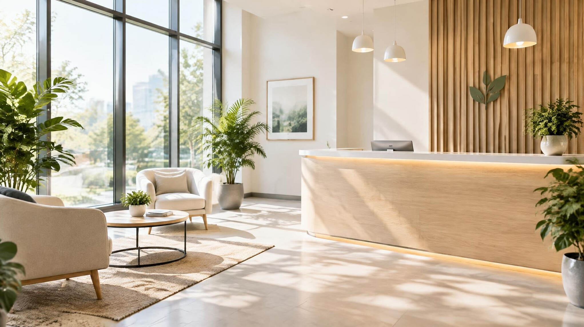 Recepção acolhedora com plantas e luz natural