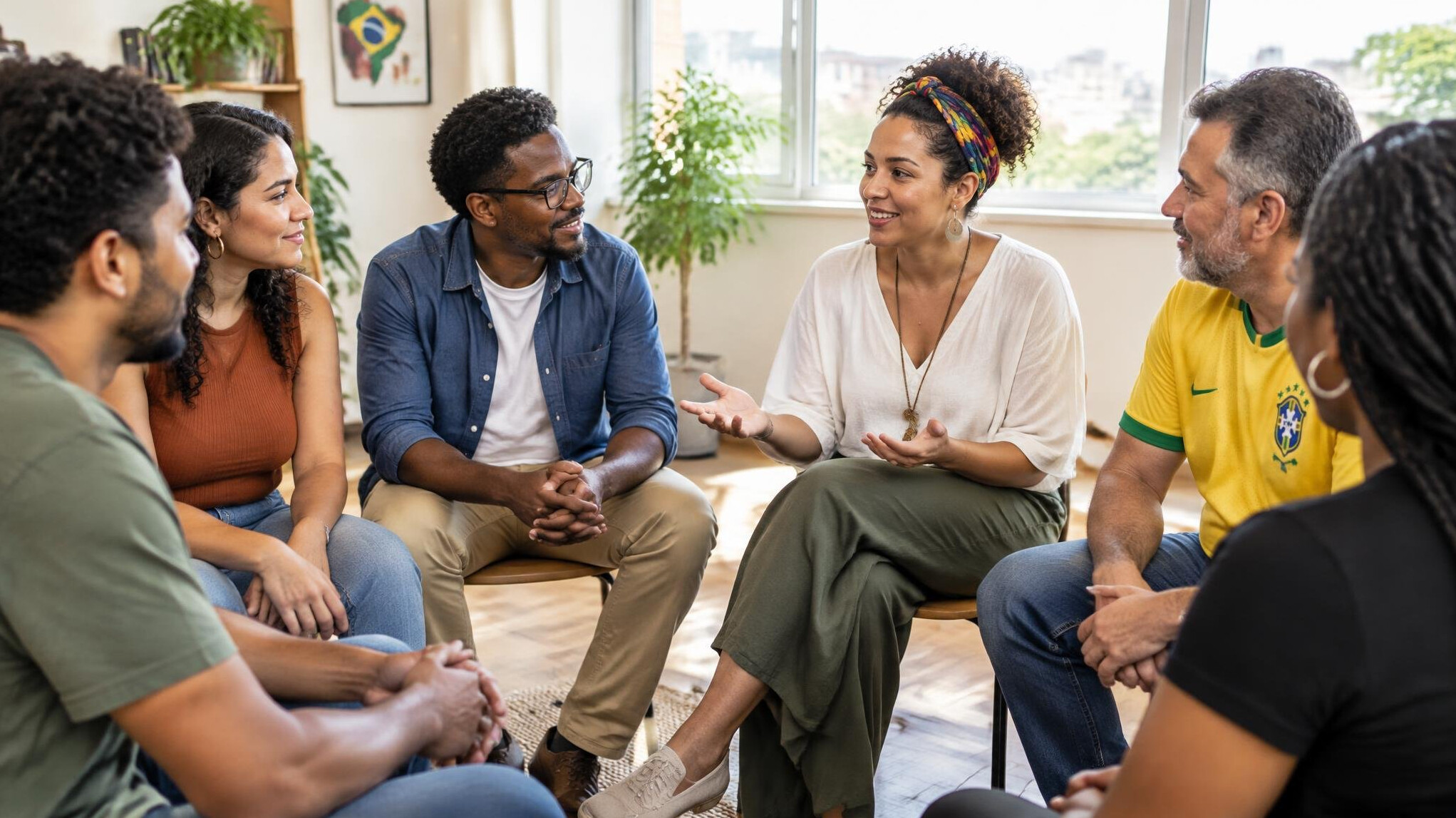 Grupo de pessoas conversando em um círculo durante uma sessão de comunicação