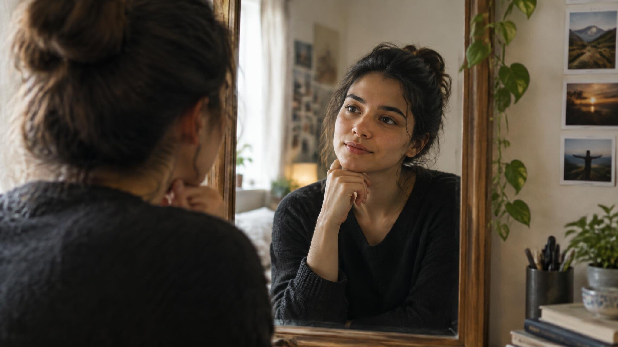 person reflecting in mirror