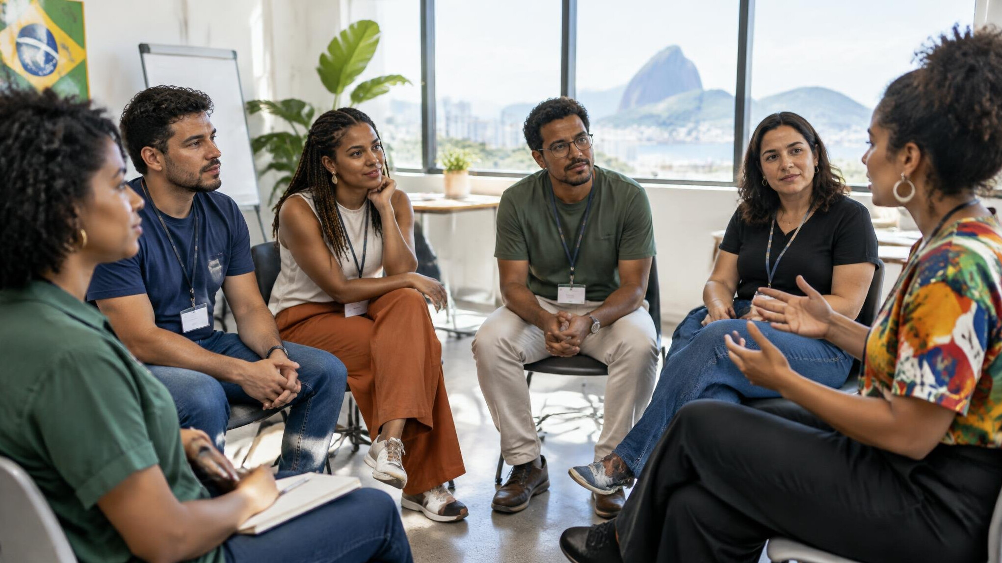 Pessoas participando de um workshop em grupo em uma sala iluminada