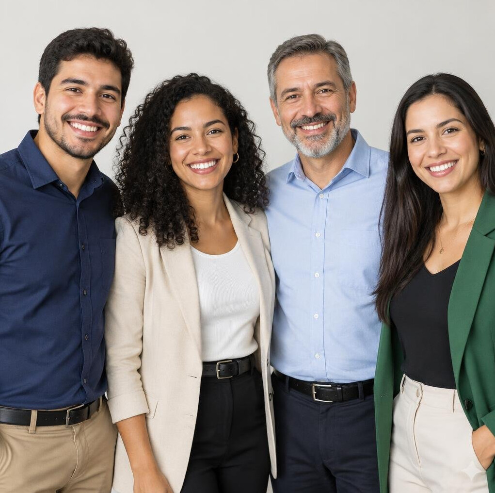 Retrato de quatro profissionais sorrindo lado a lado - Fernanda Alves