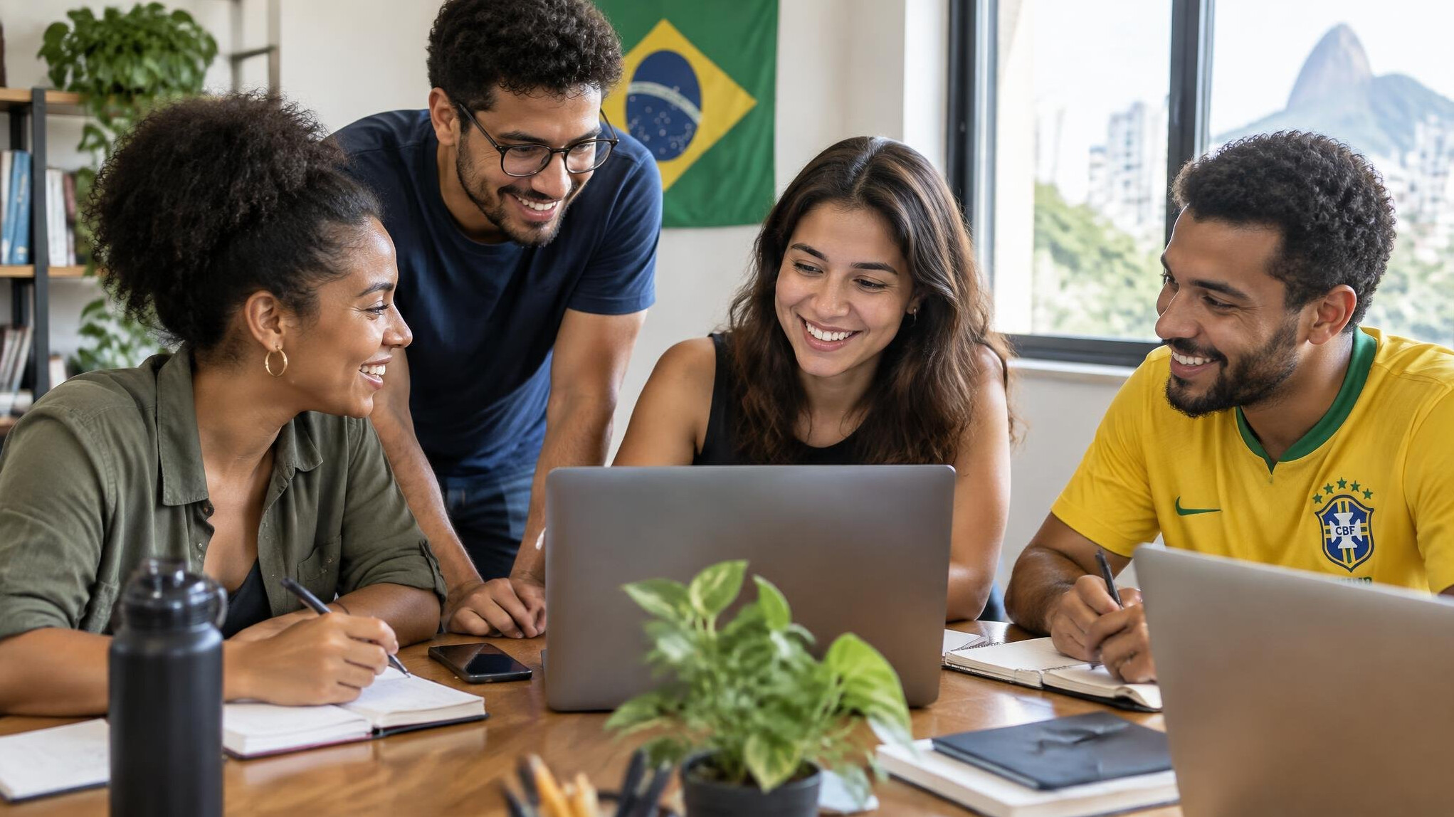 Pessoas colaborando em torno de uma mesa com laptops e anotações