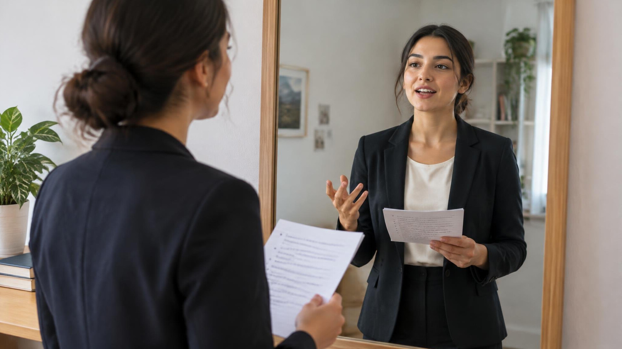 woman practicing speech in mirror