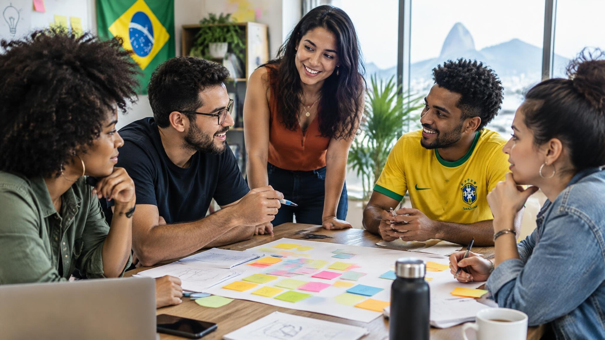 Grupo de pessoas fazendo um brainstorming com anotações em papel